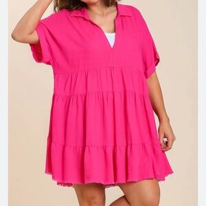 Umgee Linen dress New Hot Pink Folded sleeve tiered